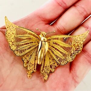 Large Vintage Filigree Butterfly Brooch Gold Tone 3” Wingspan